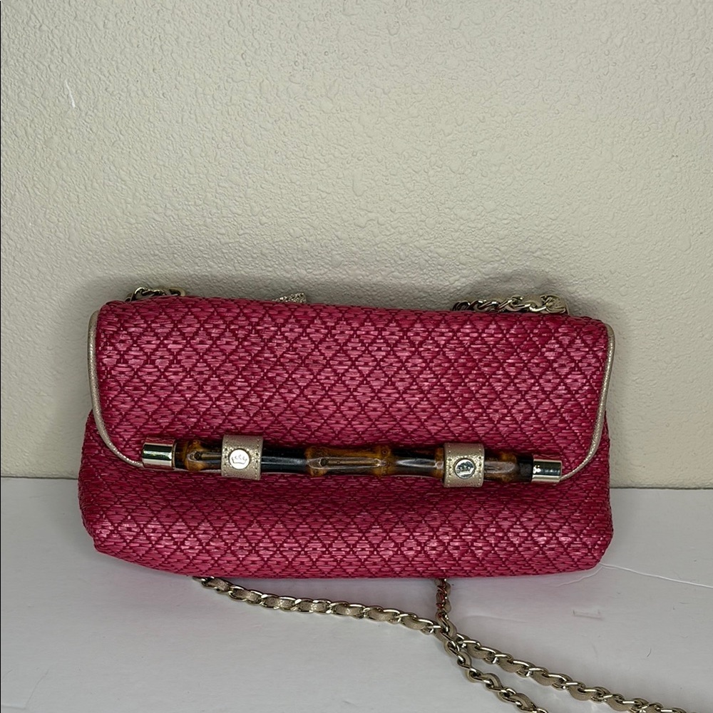 Elaine Turner Pink Quilted Women's Bag with Chain Strap and Bamboo detail - Picture 9 of 9